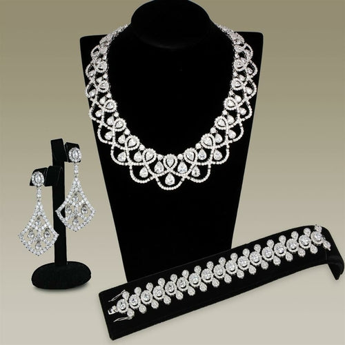 3W931 - Rhodium Brass Jewelry Sets with AAA Grade CZ  in Clear