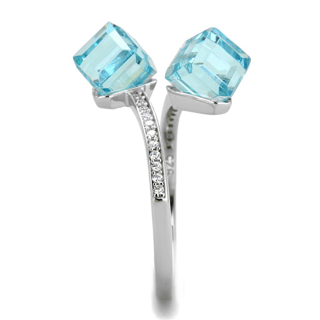 Rhodium Sterling Silver Ring with Sea Blue Cubic Zirconia